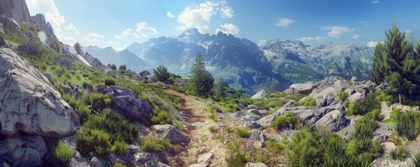 Wall Mural - Rocky mountain trail with a panoramic view, 4K hyperrealistic photo,