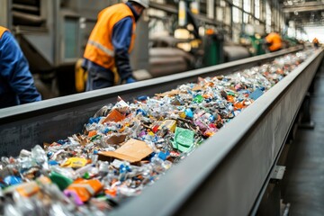 Sticker - Industrial Conveyor Belt Transporting Recycled Plastic and Cardboard