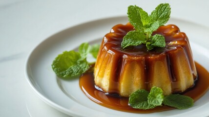 Delectable Caramel Flan: A close-up shot of a creamy caramel flan, elegantly presented on a white plate, garnished with fresh mint leaves. The rich caramel sauce adds a touch of sophistication.