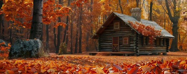 Canvas Print - Wooden cabin surrounded by autumn leaves, 4K hyperrealistic photo