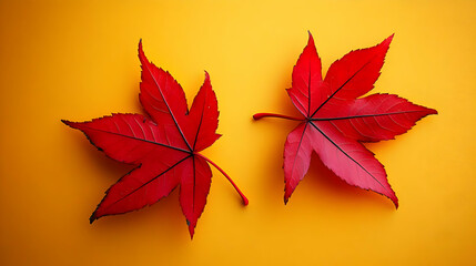 Two Red Maple Leaves on Yellow Background