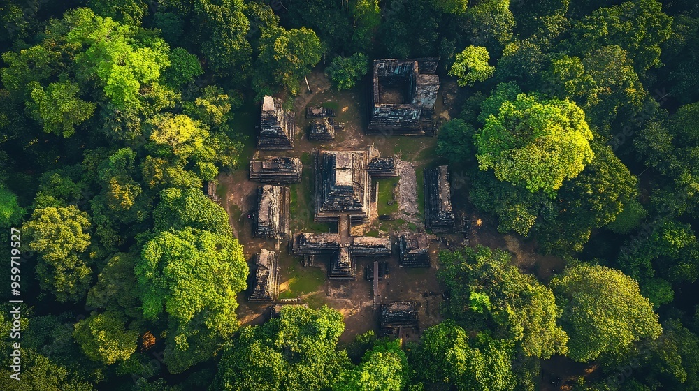 Bird's eye view of the ancient city ruins of Sambor Prei Kuk, with its ...