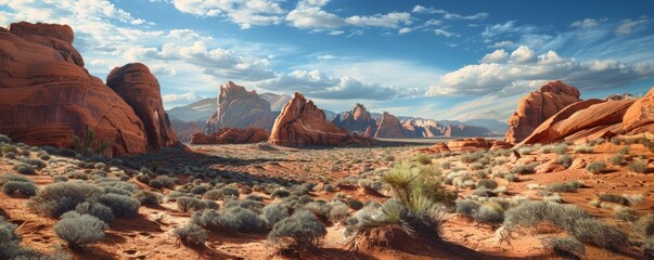 Wall Mural - Desert landscape with dramatic rock formations, 4K hyperrealistic photo,