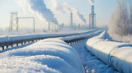 A closeup of snowladen industrial pipelines curving into the distance with a steel tower in the background on a bright winter day