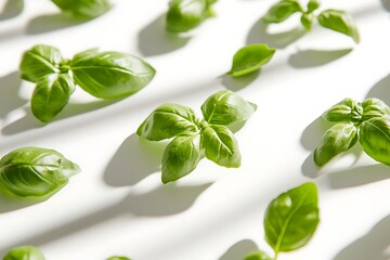 Generative AI Image of Freshly Harvested Green Basil Leaves Scattered with White Background