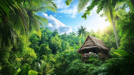 Rustic hut in a vibrant tropical forest under a clear sky