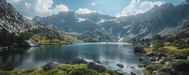 Poster - Mountain landscape with a serene alpine lake, 4K hyperrealistic photo,