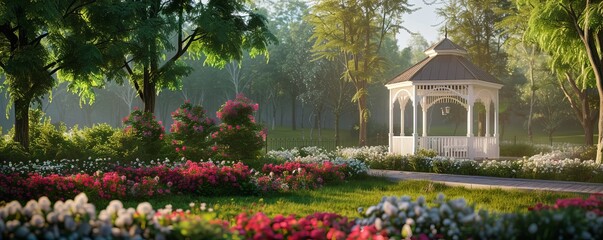 Wall Mural - Serene park with a gazebo and blooming flower beds, 4K hyperrealistic photo