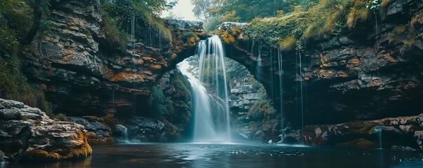 Poster - Waterfall with a natural arch bridge formed by rock formations, 4K hyperrealistic photo