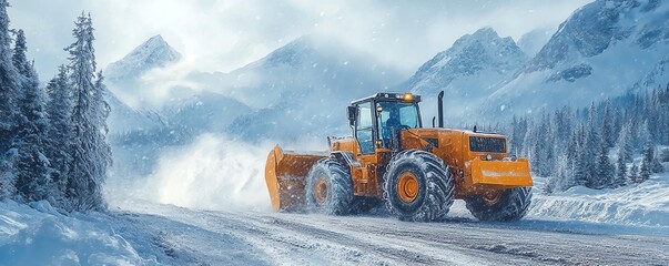 Front loader clearing snow from a mountain road, winter landscape, watercolor style