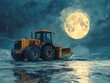 © nitiroj - Front loader operating under a full moon, eerie night scene, watercolor style