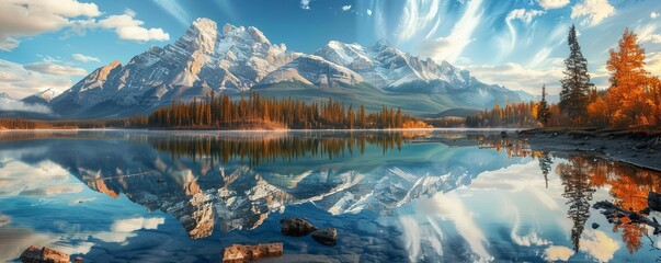 Wall Mural - Rocky mountain range reflected in a tranquil lake, 4K hyperrealistic photo