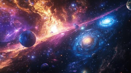 3D cartoon rendering illustrating the creation of the universe featuring the birth of planets and galaxies along with star clusters nebulae and galaxy collisions