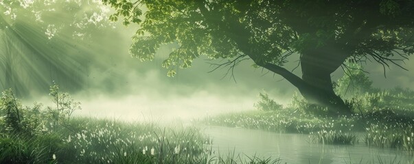 Canvas Print - Early morning mist shrouding a tranquil forest, 4K hyperrealistic photo