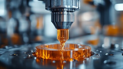 Precision Manufacturing:  A close-up shot of a high-tech, industrial machine dispensing a precise amount of orange liquid into a mold. This image captures the essence of modern manufacturing, highligh