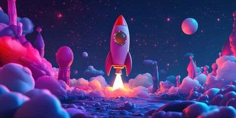 Aufkleber - Rocket and outer space in a 3D cartoon rendering digital drawing