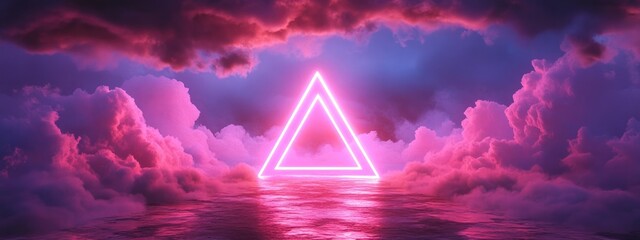 Poster - 3D render featuring an abstract pink neon background stormy clouds and a geometric pyramid shape in a cartoon style
