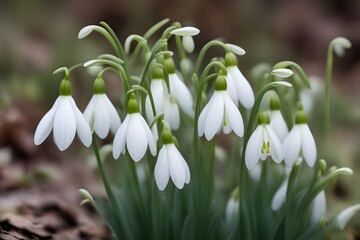 Wall Mural - White snowdrop flowers with drooping bell shaped petals and slender green stems, AI Generated