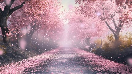 Pink cherry blossom trees lining a path with petals falling in the spring.