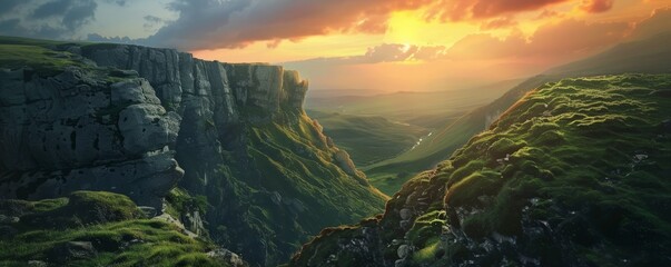 Canvas Print - Dramatic sunset over rugged mountain cliffs, 4K hyperrealistic photo,