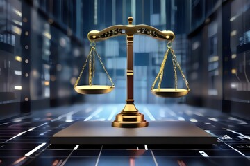 Scales of law against a data center backdrop. A digital law concept highlighting the duality of Judiciary, Jurisprudence, and Justice, alongside data in today's modern world. Generated AI.