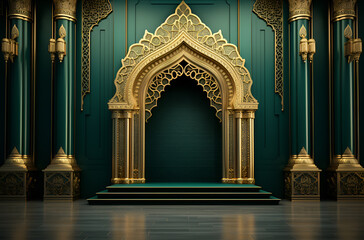 3d illustration of the golden muslim with green background, AI Generated