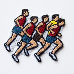 Sticker - Five embroidered figures of runners in different stages of running, against a white background.