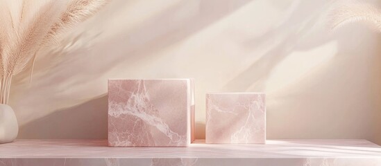 Poster - Minimal cream background with a pink marble cube podium in 3D rendering