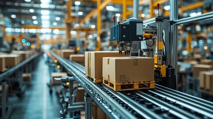 Automated Precision on the Production Line:  A state-of-the-art robotic arm efficiently moves cardboard boxes along a conveyor belt in a modern factory, showcasing the power of automation in manufactu