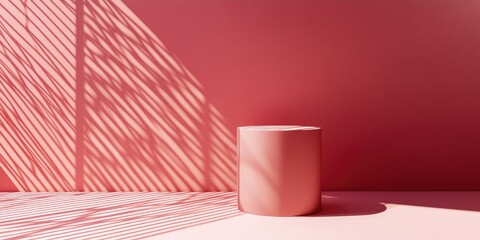 Aufkleber - Minimalistic rose colored podium in studio lighting A single cylinder stands against a rose background featuring a diagonal lattice 3D rendering