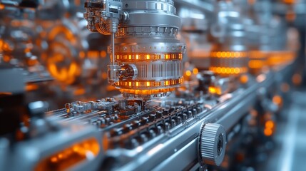 Industrial Precision: A close-up view of a high-tech glass manufacturing machine in action, showcasing the intricate workings and the glowing heat of the process.  The image evokes a sense of power, i