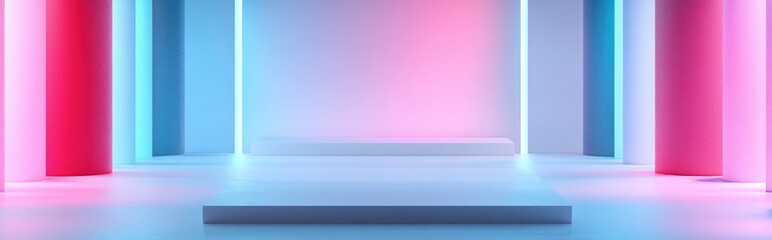 Poster - Pink minimalist backdrop with white flooring showcasing a product display stand in 3D render