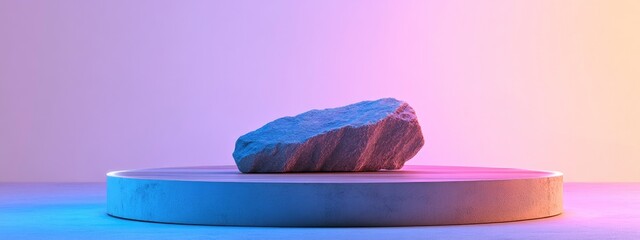 Poster - Wooden display podium featuring a stone against a white backdrop 3D rendering