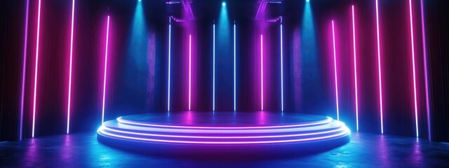 Poster - Neon Lights and Glowing Beams on a Futuristic Podium in a Sci Fi Cyber Dance Stage with a Dark Background 3D Rendering Illustration