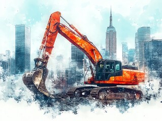 Wall Mural - Modern excavator working on a skyscraper foundation, bustling city backdrop, watercolor style