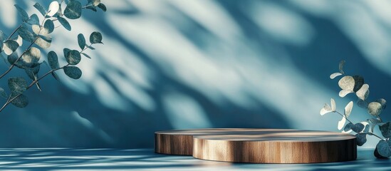 Poster - Abstract wooden podium with eucalyptus leaves and shadows on a blue background Mockup display for product presentation 3D rendering Minimalistic concept Advertising template