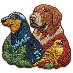 Wall Mural - A colorful embroidered patch featuring a dachshund, Labrador Retriever and a canary.