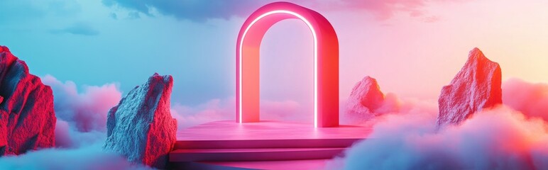 Poster - Natural beauty podium backdrop for showcasing products featuring a dreamy cloud and arch frame in a romantic 3D seascape setting