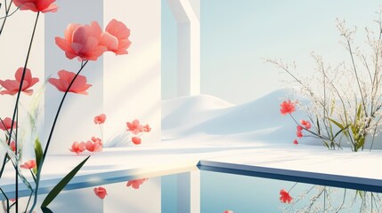 Poster - Abstract landscape scene of spring and summer featuring geometric shapes a lake and floral views in 3D rendering