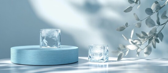 3D transparent ice cube on a glass podium alongside a blue wooden round podium on a white glossy surface serving as a backdrop for displaying luxury beauty cosmetic organic health and fashion produ