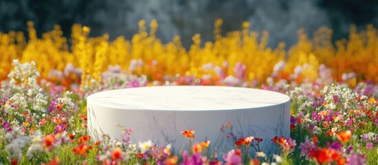 Aufkleber - Abstract 3D render of a spring scene featuring a natural podium background with a white stone podium set against a vibrant field of flowers and grass ideal for product display and advertising
