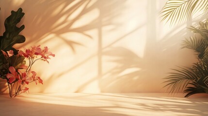 Poster - Abstract studio backdrop for showcasing products Vacant space featuring window shadows flowers and palm leaves Softly blurred background