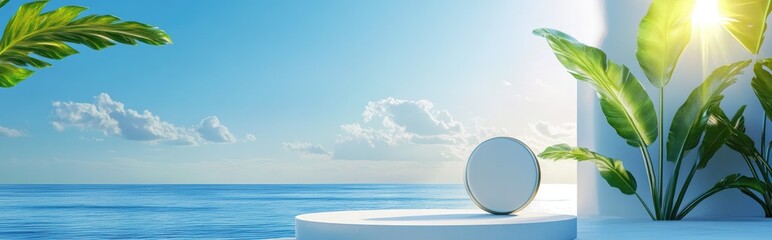 Aufkleber - Summer themed product display podium set against a blue backdrop of sea and sky 3D rendering