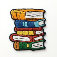a colorful embroidered patch depicting a stack of five books.