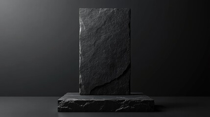 Poster - Black stone pedestal for product display Vertical frame mockup Dark background stage 3D rendered illustration