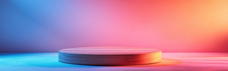 Poster - Pastel light red and salmon pink 3D rendering of a minimalistic wooden podium or display stand viewed from above for showcasing nature products
