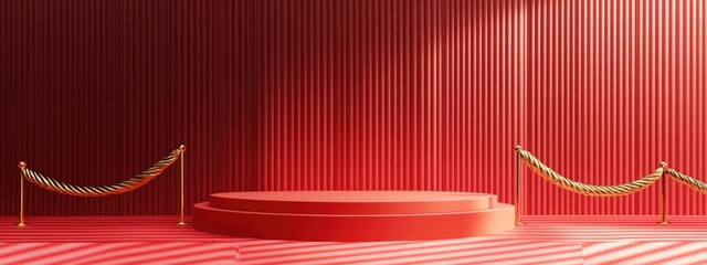 Poster - A red podium set against a red pink striped background adorned with gold rope queue stands This illustration conveys a sense of premium luxury featuring 3D rendering and a red color palette for pr