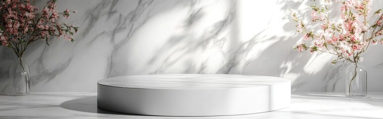 Poster - White roman podium for cosmetic product against a white granite background 3D rendering