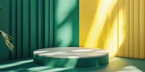 Poster - Minimal abstract geometric background featuring direct sunlight in green and yellow tones An empty podium is highlighted for product presentation in a 3D rendering