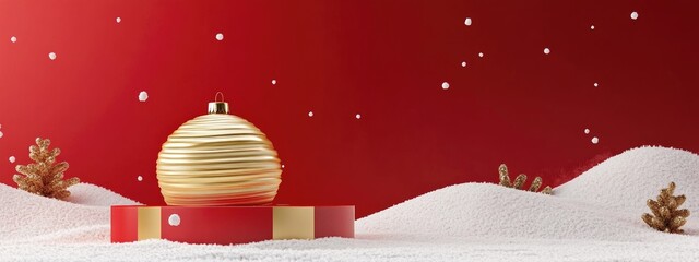 Aufkleber - Minimalist product backdrop for winter holiday theme featuring a gold striped bauble podium and snow drifts on a red background 3D render illustration with clipping path for each element included